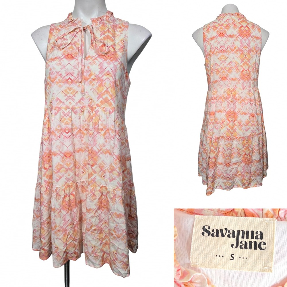 Savanna Jane Pink Orange Geometric Tiered Mini Dress Small Sleeveless Tie Neck